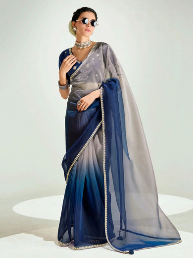 Sweet Navy Blue Organza Border Work Saree With Blouse